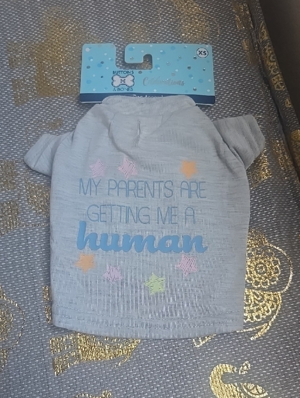 Gray Pet Tee with Blue "human" Text and Pastel Stars